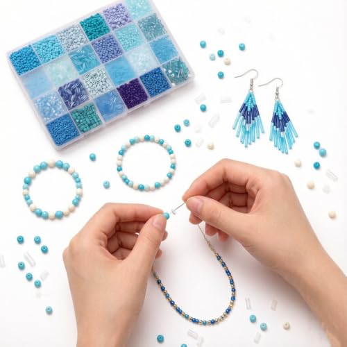 24 Grid Blue Glass Seed Bugle Tube Beads Kit for Jewelry Making DIY Craft - color: Blue, size: 24 Grid