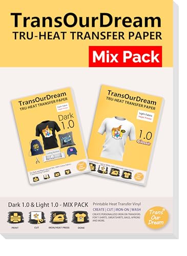 TransOurDream Tru-Heat Transfer Paper for Dark and Light Fabric (20+20 Sheets, 8.5x11", Mix Pack) Printable HTV Heat Transfers Vinyl for Inkjet Printers Iron on Transfers for T Shirts - color: Mix-D1L1, size: 40 Sheets