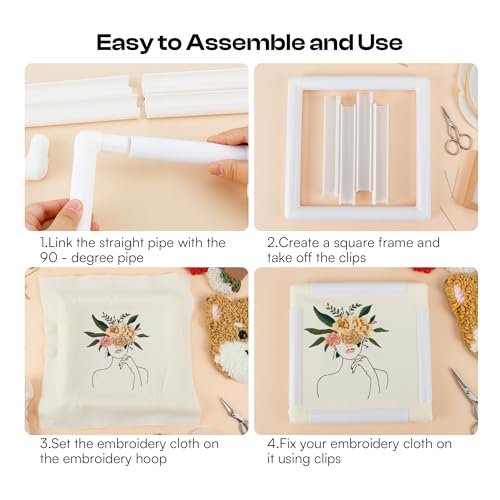 Caydo 3 PCS Square Embroidery Hoops, Plastic Cross Stitch Snap Frames with Sewing Needles for Quilting, Needlepoint & Silk-Painting 6 x 6, 8 x 8, 11 x 11 in(White)