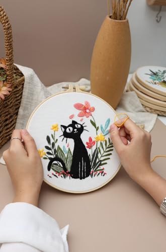 Konrisa 3pcs Embroidery Kits for Beginners Creative Black Cat and Flower Pattern Cross Stitch Practice Kit DIY Sewing Needlepoint, Include 1pcs Hoop - color: black cats