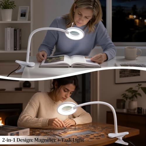 3X+6X Magnifying Glass with Light and Clamp,Dimmable LED Magnifying Lamp - color: Cool White