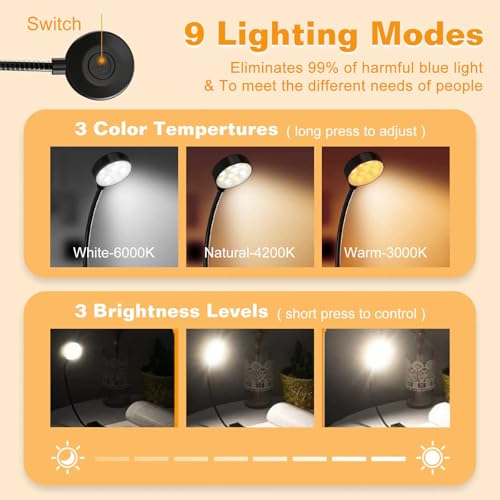 KTEBO Rechargeable Book Light for Reading in Bed, Eye Caring Book Reading Lamp with 10 LED Modes, 1.3 oz Lightweight Portable Clip on Light, 360 Adjustable Clamp Light Perfect for Readers - color: 1 Black