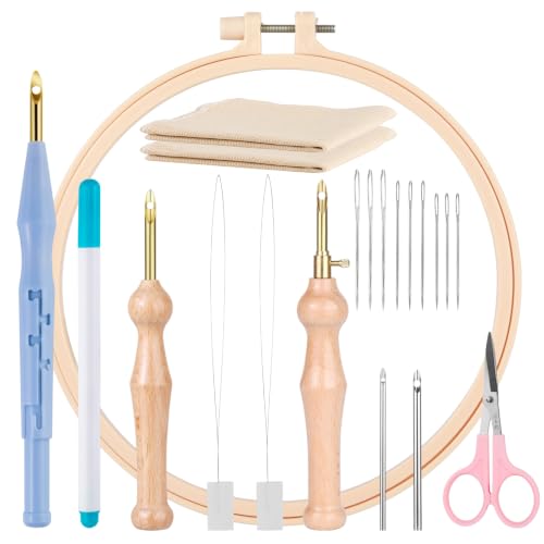 MSDADA 21PC Punch Needle Kit, Adjustable Punch Needle Tool, Wooden Handle Embroidery Pen Kits, Hoops, Cloth, Punch Needle Set Adults Beginner for DIY Craft, Perfect for Decoration and Gifts(Blue) - color: Blue