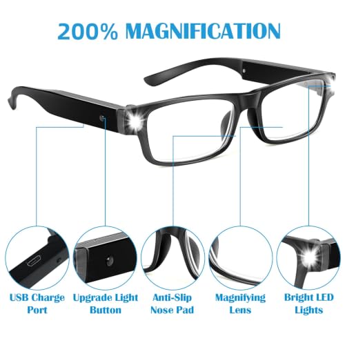 200% Magnifying Glasses with Light, USB Rechargeable LED Reading Glasses - color: Black