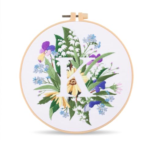 Harimau Letter K Pattern Embroidery Kit for Adult Beginners, Complete Starter Pack with 1 Hoop, Needles, Instruction Guide & Embroidery Stitch Video Tutorials - color: K