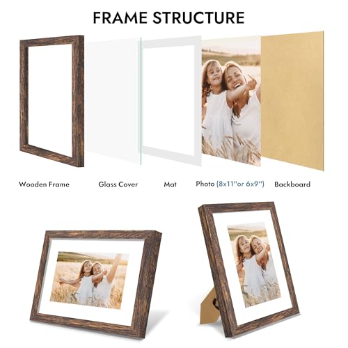 Hongkee 8x11 Picture Frame with Real Glass Wood Frame, 1 Pack(with Mat 6x9) - color: Rustic Brown, size: 8X11 in