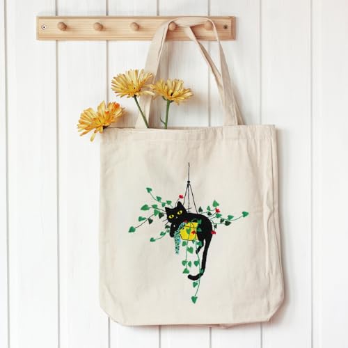 Louise Maelys Plant Cat Embroidery Kit Canvas Tote Bag for Beginners - color: plant cat