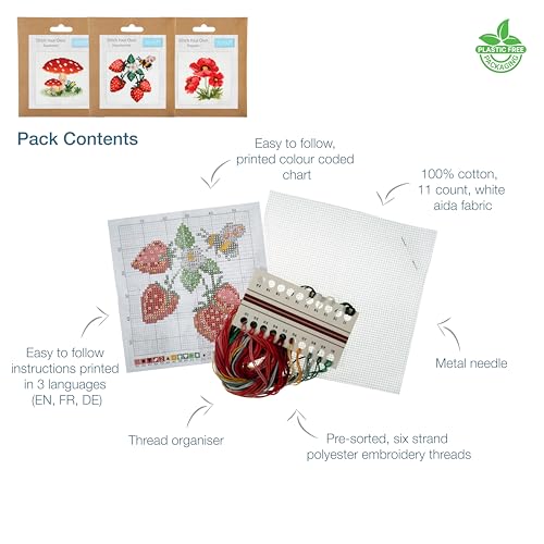 Trimits 3PK Cross Stitch Bundle – Counted Embroidery Kit, Beginner & All Level Starter Set, Complete with Instructions & Thread Children Wall Home DIY Décor – 13x13cm – Toadstool,Strawberries,Poppies - style: Toadstool,Strawberries,Poppies
