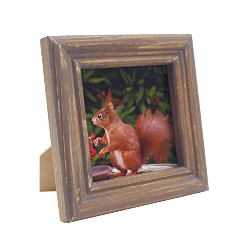 CVHOMEDECO. 4x4 Picture Frame Made of Solid Wood High Definition Glass Rustic Antique Designs Small Photo Frame for Tabletop Display and Wall Mounting, Distress Brown - color: Distress Brown B, size: 4" X 4"