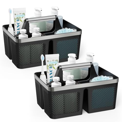 BYUNER 2Pack Shower Caddy Dorm: Portable Bathroom Caddy Organizer with Handle, Plastic Hard Shower Basket Storage Tote for Toiletry, Drainage, College Dorm Room Essentials, Black - color: 2 Pack Black/Silver