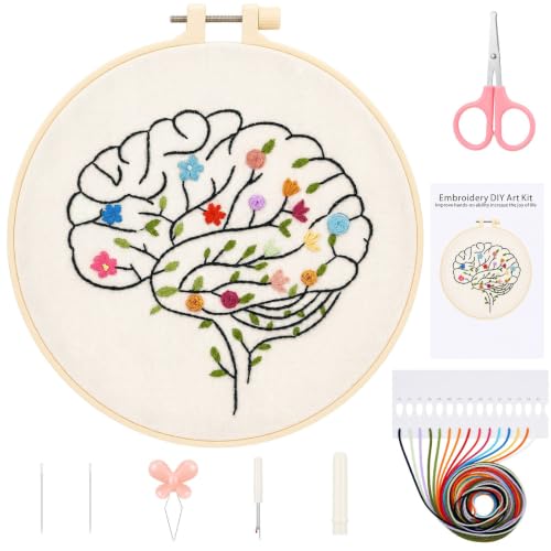 Fanfanwin 1 Set Brain Embroidery Kit for Beginner Floral Brain Cross Stitch Kits Easy Embroidery with Hoop, Needles, Threads, Instruction Threads Tools DIY Craft Art for Mental Health Mindfulness Gift - style: Floral Brain