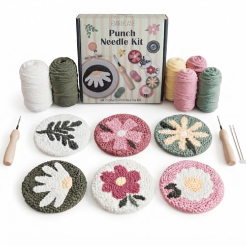 Emri Lane Punch Needle Kit – 6 Floral Design Punch Needle Embroidery Kit - color: Pink