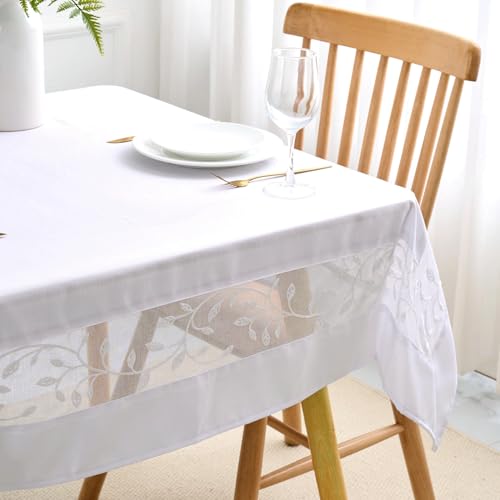 Polyester Fabric Tablecloth with Exquisite Embroidery Sheer Border-Waterproof/Wrinkle Resistant-for Dining,Indoor&Outdoor,Wedding,Holiday,White,Square 52x52Inch - color: White, size: 52" x 52" (Square)