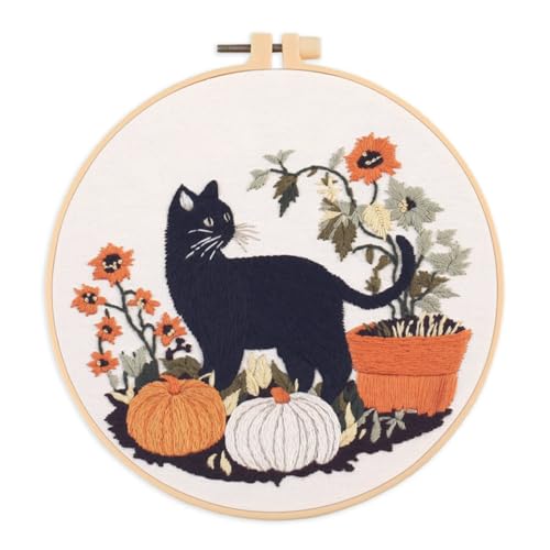 IUHUI Embroidery Kit for Beginners Adults - Black Cat and Pumpkin Themed Halloween Easy Patterns, DIY Hand Stitching Embroidery Set with Hoop (Black Cat Pumpkin Flower) - color: Black Cat Pumpkin Flower