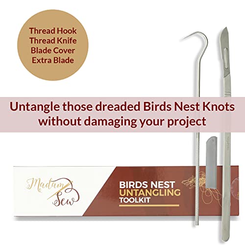 Madam Sew Birds Nest Untangling Tool Kit – Thread Hook and Stitch Releaser Set with Spare Blade Resolves Thread Bunching Under Fabric and Embroidery Hoops – Long Steel Quilting and Sewing Tools