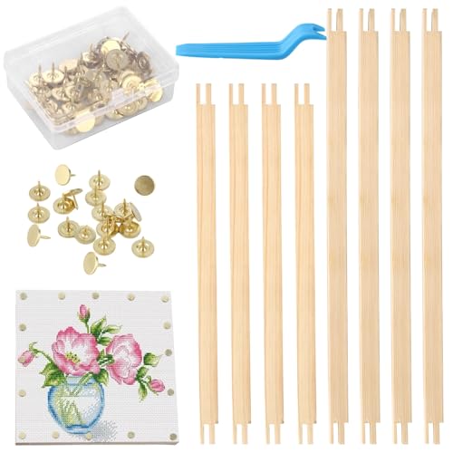 8 Pcs Needlepoint Stretcher Bars for Needlework - Including 6 in & 8 in Stretcher Bars, 40 Thumb Tacks, Storage Box and Tacks Remover, Wooden Canvas Stretcher Bars for Embroidery Needlework