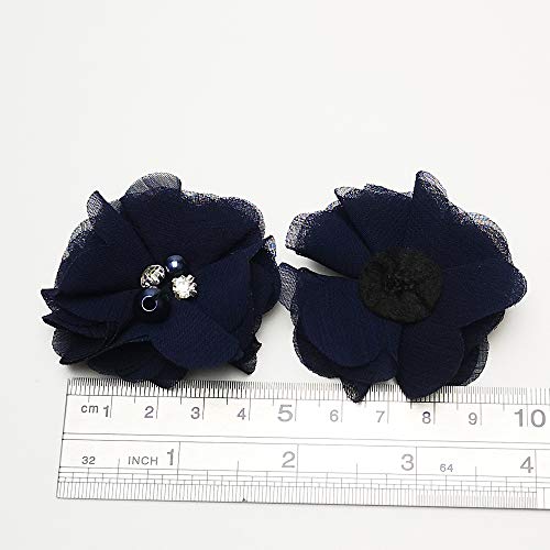 Chenkou Craft Pack of 12pcs Chiffon Flowers Ribbon Bows W/Beads 2-3/8" (60mm) Appliques Wedding Decor Bulk Lots (Navy) - color: Navy
