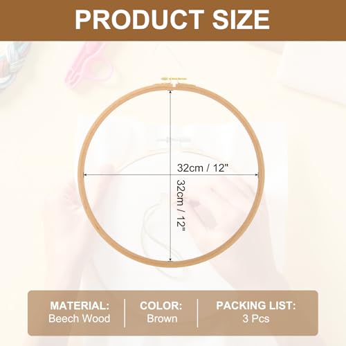 PATIKIL 3 Pieces 12 Inch Beech Wood Embroidery Hoops, Circle Cross Stitch Hoop Frames Embroidery Hoop Ring with Adjustment Brass Screw for Sewing, Needlework, DIY Craft Decoration - size: 12 Inch