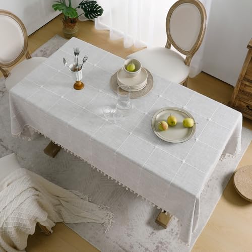 Softalker Outdoor Linen Square Tablecloth with Tassel, 55 x 55 Inch - color: Grey Plaids, size: 55" x 55" (Square)