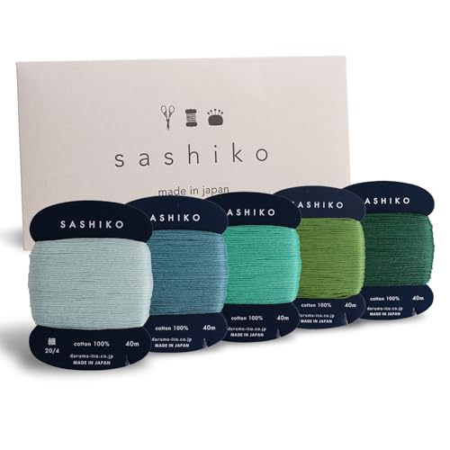 DARUMA Sashiko Thread 100% Cotton Card Type (43.7 yd) x 5 Colors with English Manual, Sewing & Embroidery Value Set with Gift Package(Thin, Komorebi) - color: Komorebi, size: Thin