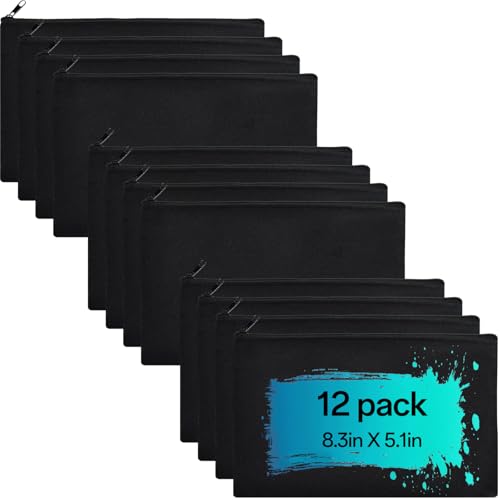 ZeeDix Small Canvas Zipper Pouch for Makeup Pencil Travel Storage 8.3x5 In - color: Black, style: 12 Pcs