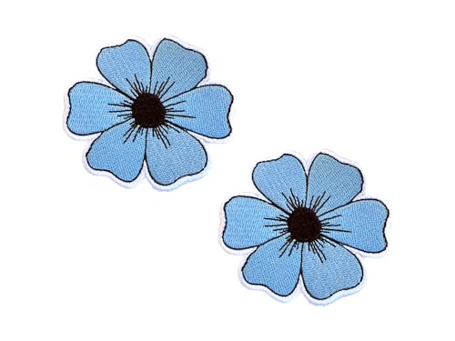 Blue Flower Patch, 2.5” x 2.5”, 2-Pack, Embroidered Iron-On for Hats, Bags, Jackets - color: Blue Flower