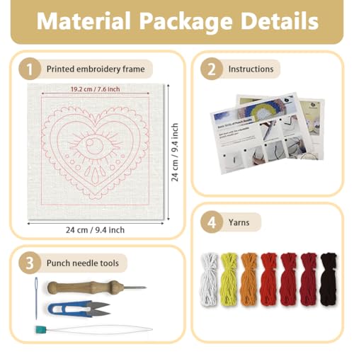 Doodlream Love Eye Heart Needle Kit for Beginner, 9.4"x 9.4" Boho Punch Stitching Craft Set, Red DIY Embroidery Starter with Printed Frame, Instruction, Threader, Yarn, Pinch Needle - color: Eye