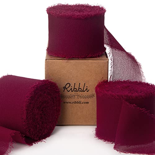 Ribbli Burgundy Chiffon Silk Ribbon, 1.5 inch x 30 Yard, Handmade, Fringe, Wedding Invitations, Gift Wrapping, Bridal Bouquets, Flower Arrangement - color: Burgundy