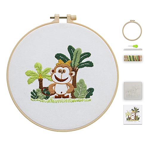 Ebherys Level 1 Embroidery Kits for Beginners and Adults, Different Animals Pattern, 1set as a Pack, inculde 1 Hoop, Instruction and Enough Threads, Easy and Basic Stitches (Monkey) - color: Monkey