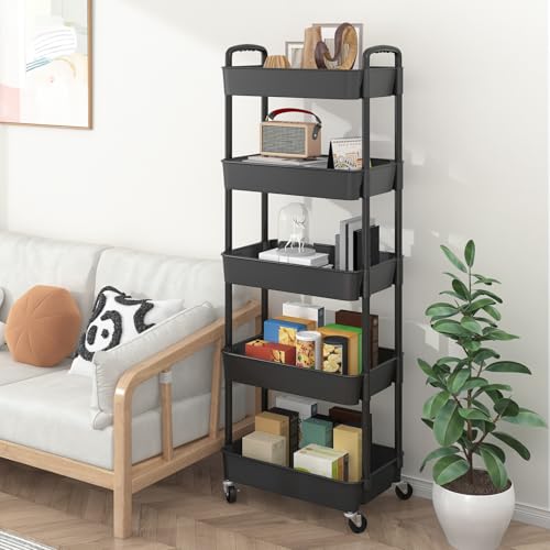 Sywhitta 5-Tier Plastic Rolling Utility Cart with Wheels,Black - color: Black, size: 5-tier