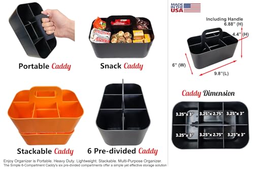 3 Pack Small 6 Compartment Multiuse Caddy Organizer with Handle Art Craft Supplies, Office, Desk, Stationery Pen Holder Stackable- Made In USA (Orange) - color: Orange
