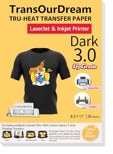 TransOurDream Heat Transfer Paper for Dark Fabric (50 Sheets, 8.5x11", Dark 3.0) Printable Iron on Transfers for Inkjet & Laserjet Printer, Printable Heat Transfer Vinyl for Tshirts (D3-50) - color: Dark, size: 50 Sheets