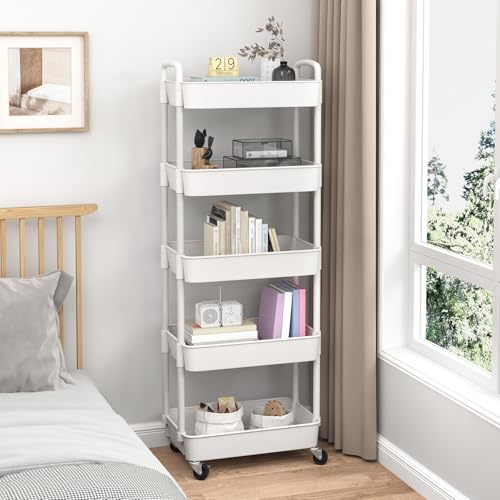 Sywhitta 5-Tier Plastic Rolling Utility Cart with Wheels for Storage,White - color: White, size: 5-tier