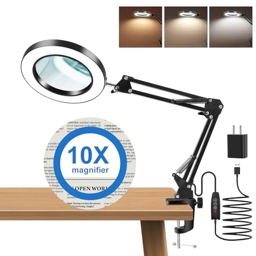10X Magnifying Glass with Light and Clamp, Real Glass Lens, Adjustable Swing Arm, 3 Color Modes, Stepless Dimming LED Magnifying Lamp for Reading, Crafts, Soldering, Sewing & Close Work - style: Clamp【BASIC】