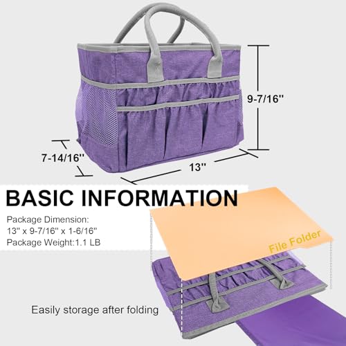 Cupohus Craft Organizer Tote Bag – Craft Caddy with 2 Mesh Side Pockets & Front Elastic Pockets, Foldable Large Capacity Supply Storage Bag for Sewing, Knitting, Painting, and Travel (Purple) - color: Purple