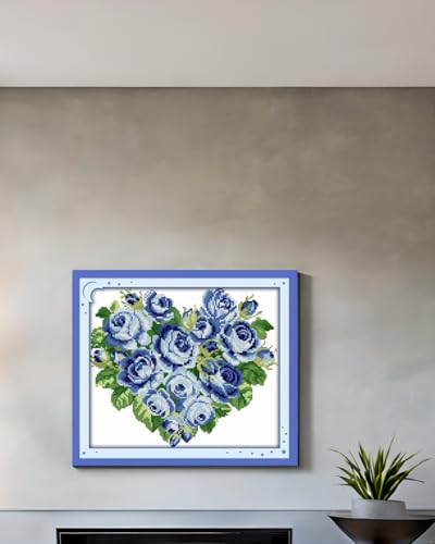 CaptainCrafts Cross Stitch Kits, Counted Cross Stitch Kit Unprinted 14CT Fabric Cross Stitching DIY Art DMC Needlecrafts Embroidery Kit for Adults Beginner (White, Blue Rose Flowers Heart) - color: Blue Rose Flowers Heart, style: White