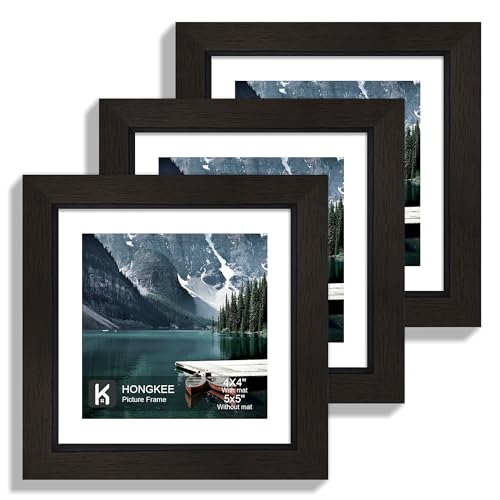 Hongkee 5x5 Picture Frame with Real Glass - Display Pictures 4x4 with Mat or 5 x 5 without Mat, Photo Frame for Wall or Table Top Display(Black, 3 Pack) - color: Black, size: 5x5 in