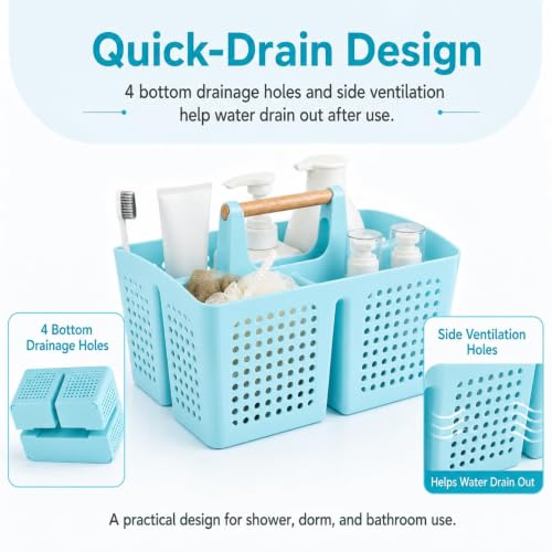 Portable Shower Caddy Basket with 3 Compartments and Handle, Light Blue - color: Light Blue