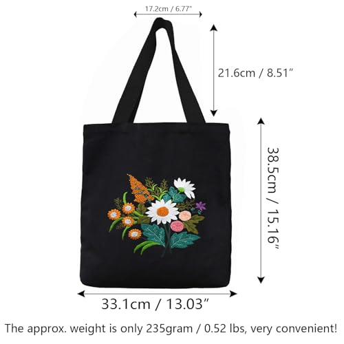 CREAWONDER Canvas Tote Bag Embroidery Kit with Pattern for Beginners, Arts and DIY Embroidery Crafts Kits for Adults, Include Instructions, Thimble, Embroidery Hoops, Color Threads and Tool - color: CR002 chenhuicaoxin black