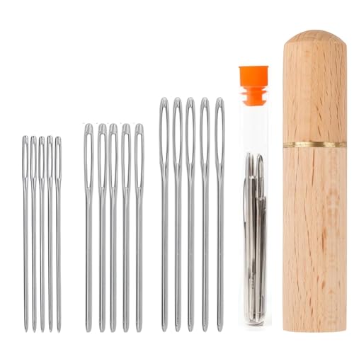 MovFlax Large Eye Blunt Sewing Needles, 15 Pcs Tapestry Darning Needle with Wooden Case and Storage Tube, Upholstery Needle Kits for Embroidery Knitting Weaving Stringing Crochet Project