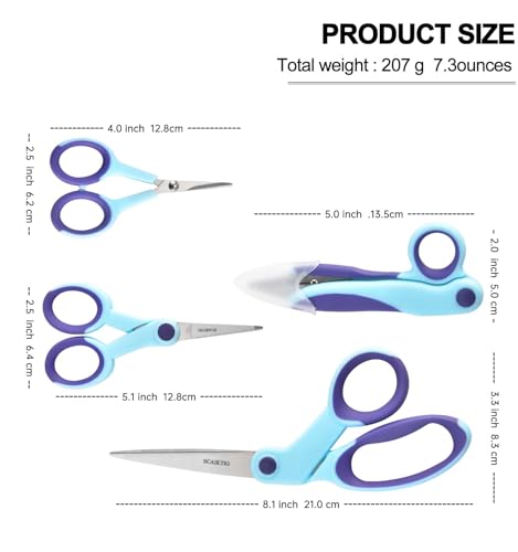 SCAIKTIG Premium Sewing Scissors Bundle, 8" Heavy Duty Fabric, 5" Embroidery, 4" Small Detail Scissors, 5" Thread Snips, Tailoring, Dressmaking, Quilting, Arts&Craft Supplies, Blue - color: Blue(8"/5"/5"/4")
