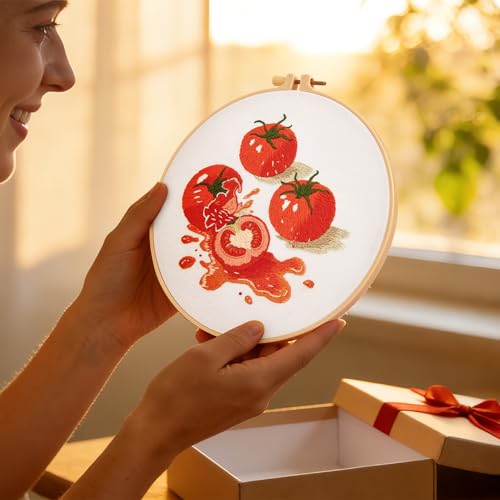 Tomato Embroidery Kits for Beginners Adults, Hand Embroidery Starter Kit, Cross Stitch Kits for Beginners DIY Craft Kits for Adults Women, Entire Set of Embroidery Supplies【Full-length Video Tutorial】 - color: H2059, size: 8Inch