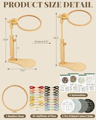 Wood Embroidery Hoop Stand Set, Needlepoint Stand for Lap, Embroidery Hoop Stand with Embroidery Kit for Beginners for Cross Stitch, Embroidery, and Art Craft Sewing Projects