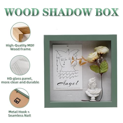 Muzilife 8x8 Small Shadow Box Wood Picture Frame, Tempered Glass, Green - color: Green, size: 8x8
