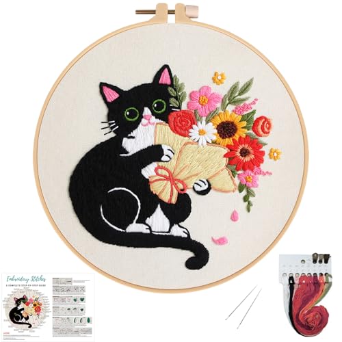 Nuberlic Embroidery Kits for Beginners with Cat and Flower Pattern - color: Kit-8