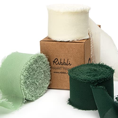 Ribbli Green Chiffon Ribbon1.5 inch x 30 Yard Handmade Silk Ribbon for Wrapping,Ivory Sage Forest Green Fringe Chiffon Ribbon for Wedding Invitations, Bridal Bouquets, Flower Arrangement Decoration - color: Ivory/Sage Green/Forest Green