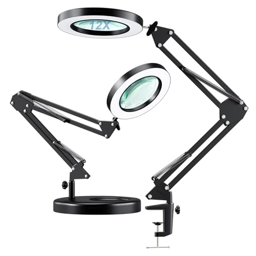 HITTI 12X Magnifying Glass with Light, 1,800 Lumens Stepless Dimmable - color: Black, size: 12X 9.06 INCH Base & Clamp