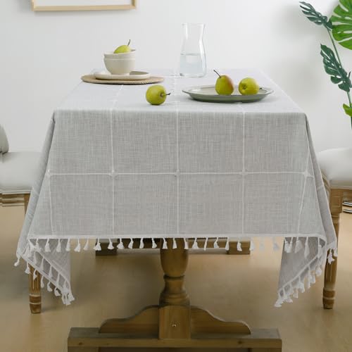 Softalker Outdoor Linen Rectangle Tablecloth with Tassel, 55 x 84 Inch - color: Grey Plaids, size: 55" x 84" (Rectangular)
