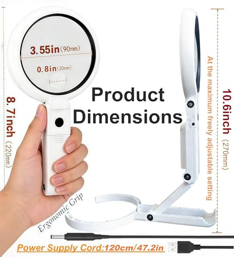Magnifying Glass with Light and Stand, 3.55 Inch Large Lens with Lightweight Foldable Arm, Illuminated Magnifier with LED & Adjustable Brightness for Seniors Reading, Close Work, Coins, Jewelry