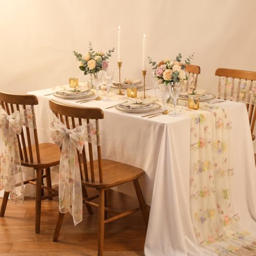 Beige White Floral Gauze Table Runner 10ft Embroidery Spring Tulle Linens - color: Beige, size: 27"x120",6pcs
